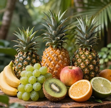 Close-up of vibrant cold-pressed juice bottles with tropical fruits around them.