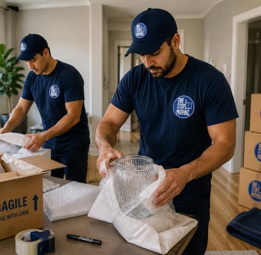 Professional movers carefully packing fragile glassware with bubble wrap into moving boxes.