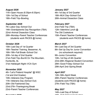 2026-2027 VCA School Year Calendar