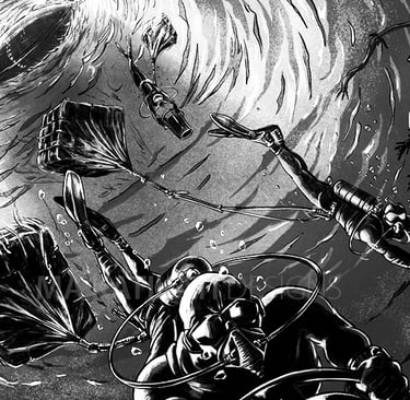 comics style deep sea divers taking away haul