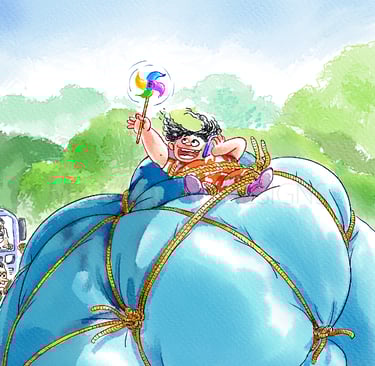 Cartoon character on top of luggage on a car