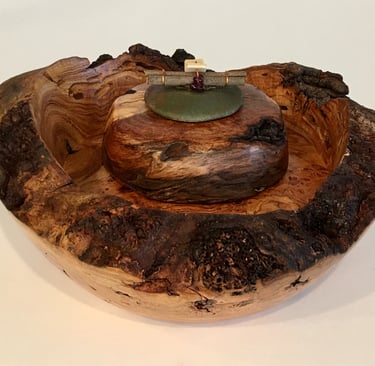 Black Cherry Burl Natural Edge Lidded Box with Raku, Twig Bundle & Copper Wire Finial