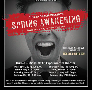 Image of the poster for the musical Spring Awakening specifying that the show runs at Cuesta College