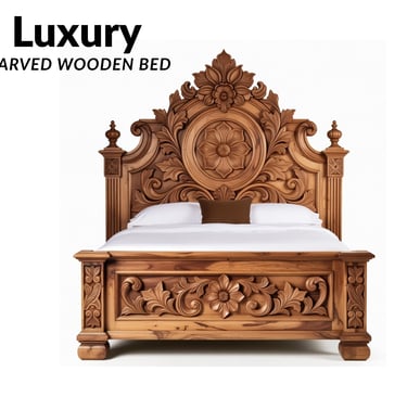 Luxury hand-carved wooden bed from Saharanpur, UP — featuring intricate floral & scrollwork carvings