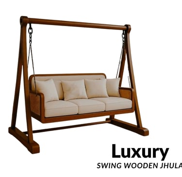 Luxury hand-carved wooden swing jhula from Saharanpur, UP — crafted in rich teak with elegant curves