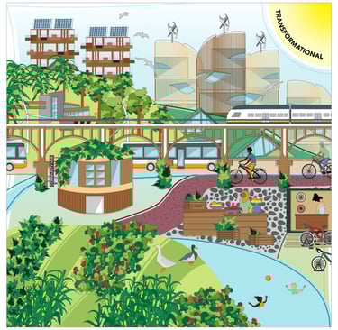 Visualisatie van de Transformationele Circulaire Samenleving – herconfiguratie en rechtvaardigheid.