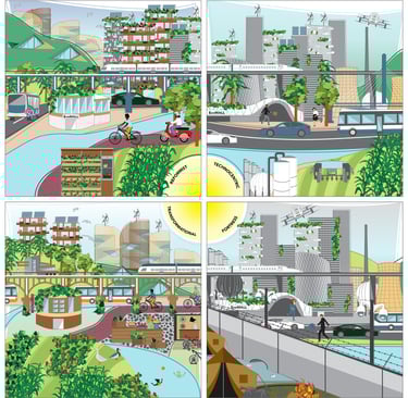Visualisaties vier circulaire samenlevingen: Reformist, Transformational, Technocentric en Fortress.