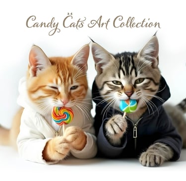 Two tabby cats in casual dresses enjoying sweets