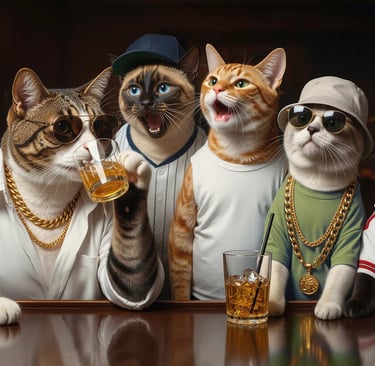 a gang of hip hop style cats standing at a bar