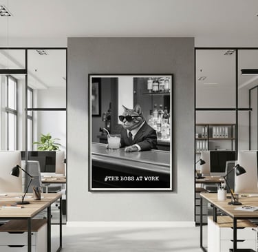 a stylish black and white poster of a business cat in office suit wearing glasses sitting in a bar