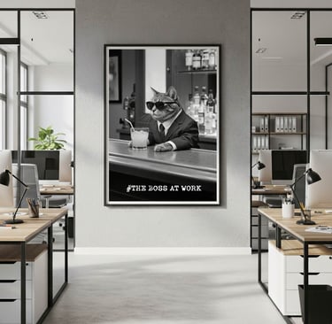 a black and white print of a tabby cat in a business suitwith the headline the boss at work