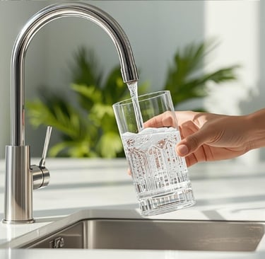 Person filling glass with clean filtered water from kitchen faucet