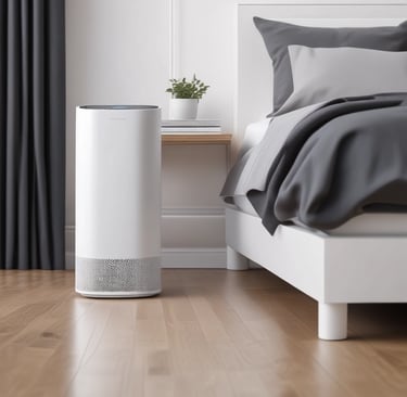HEPA air purifier next to a bed for clean air and a non-toxic sleep environment.