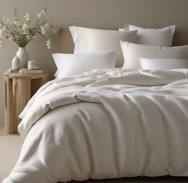 Crisp white cotton bedding and duvet on a bed for a fresh, non-toxic sleep space.