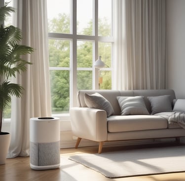 Cozy living room with air purifier for a non-toxic home environment