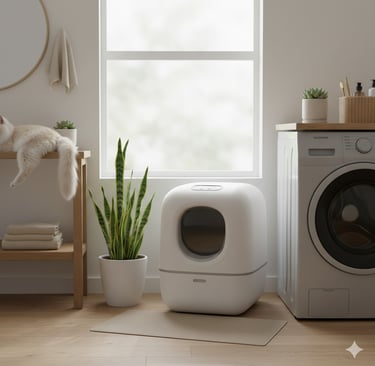 White self-cleaning litter box in a bright laundry room with a cat.