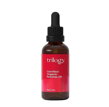 Trilogy Certified Organic Rosehip Oil bottle, a clinical-grade oil for healing skin and stretchmarks