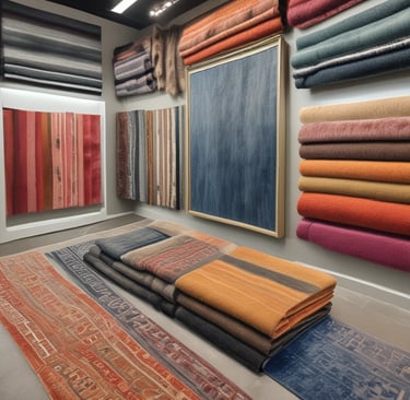 A cozy living room featuring a colorful handmade rug on a wooden floor.