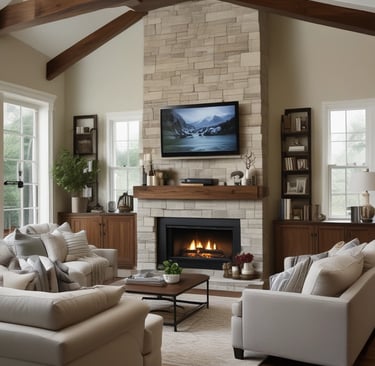 A modern home theater room with plush seating and ambient lighting