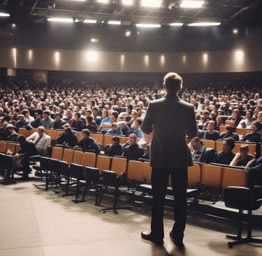 A large audience is seated in an auditorium with a speaker on stage. The room is dimly lit, with screens on either side displaying text and graphics related to the topic of management and work. The atmosphere suggests a professional conference or seminar.