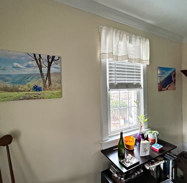 living room with wall art of mountain top and grand canyon