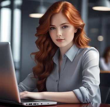 a woman with red hair and a laptop computer