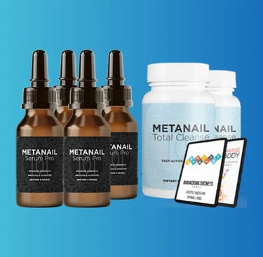 Three bottles of Metanail Serum Pro, one bottle of Metanail Total Cleanse, with ebook bonuses