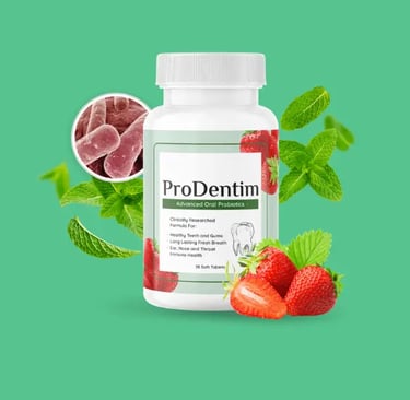 alt="Image of ProDentim Advanced Dental Probiotics supplement bottle with mint leaves and fresh strawberries"