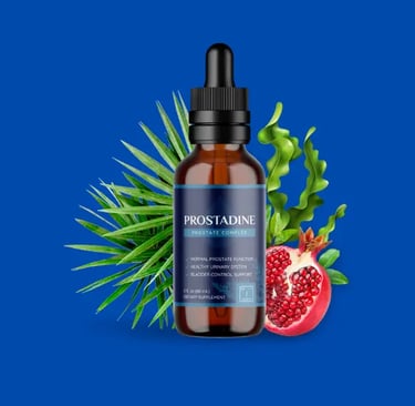 Prostadine prostate complex supplement with dropper bottle, seaweed, and pomegranate.