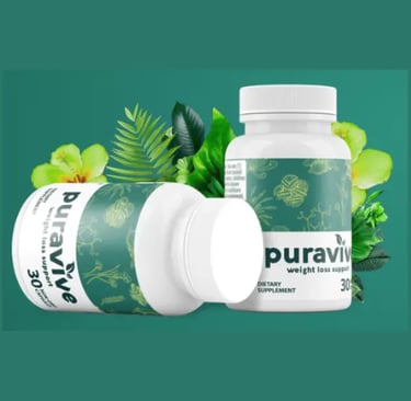 alt="Image of Puravive weight loss supplement bottles with tropical foliage background"