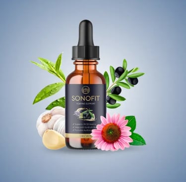 A bottle of Sonofit Hearing Support with a dropper, surrounded by natural ingredients like garlic, berries, and flowers.