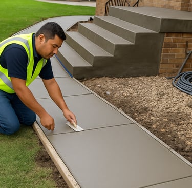 man on his kneed finishing concrete sidewalk 