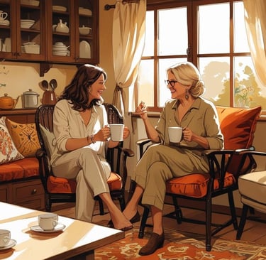 two women sat drinking coffee and smiling