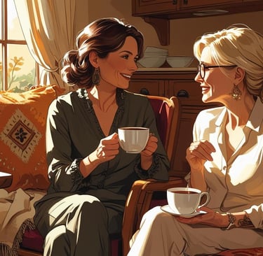 two women sat drinking coffee and smiling