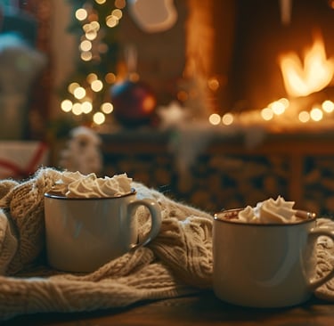 Two cups of hot chocolate fireside scene