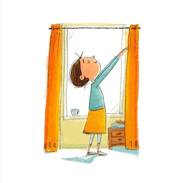 Illustration of a woman opening curtains