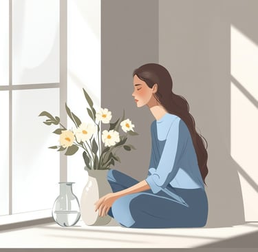 Woman sat at a window with a vase of flowers