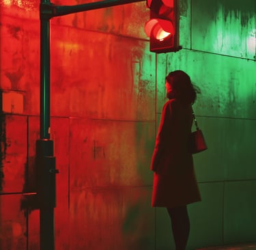 Solitary figure under traffic light