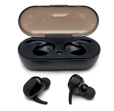 Black wireless Bluetooth earbuds with an open portable charging case on a white background.