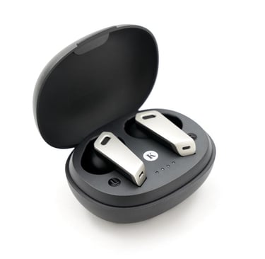 Sleek silver wireless earbuds sitting inside a black open charging case on a white background.