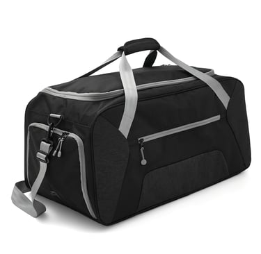 Black and grey large sports duffel bag with shoulder strap and multiple zip pockets for travel or gym.