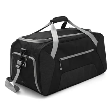 Black and grey sports duffel bag with adjustable shoulder strap and multiple zippered compartments.