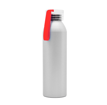 Sleek silver stainless steel reusable water bottle with a vibrant red silicone carry strap.