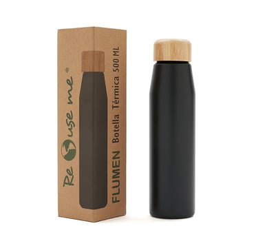 Black 500ml ReUseMe Flumen thermal bottle with a natural wood lid, shown next to its eco-friendly cardboard packaging.