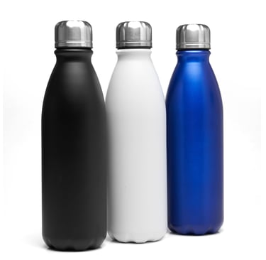Three reusable stainless steel insulated water bottles in black, white, and blue with silver caps.