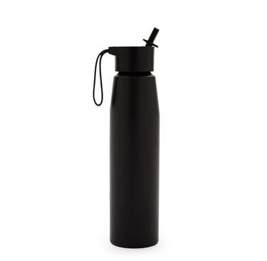 Sleek matte black reusable water bottle with a built-in straw and carry loop on a white background.