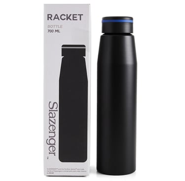 Slazenger Racket 700ml matte black stainless steel water bottle with its white branded packaging.