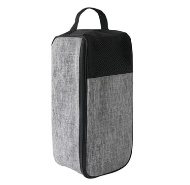Grey fabric travel shoe bag with black mesh ventilation panel and top handle for gym and luggage storage.