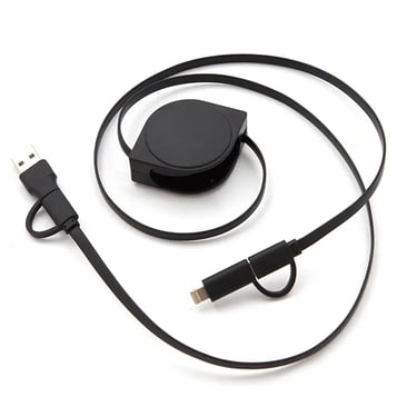 Retractable black USB to Lightning charging cable with a compact circular reel design on a white background.