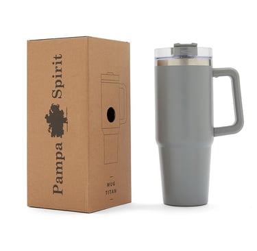 Gray Titan insulated travel mug with handle and lid next to its Pampa Spirit branded cardboard box.